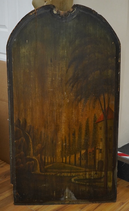 19th century, French School, Waterfall before a chateau, oil on wood panel, unframed, 121 x 66cm